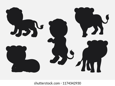 Set of Lion silhouettes cartoon with different poses and expressions