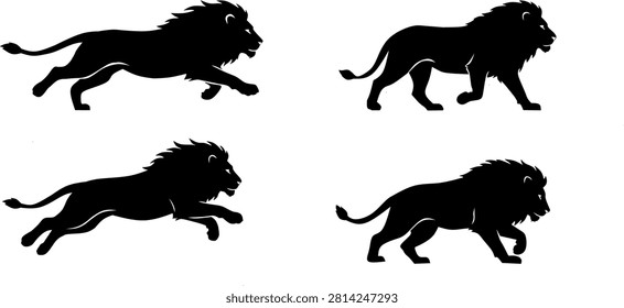 Set of lion silhouettes in walking and running poses vector