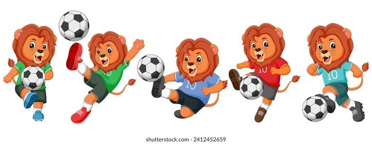 Set of lions cartoon playing football. Vector illustration