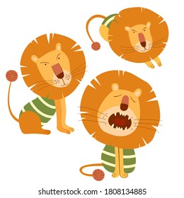 Conjunto de leones en diferentes poses al estilo de las caricaturas sobre un fondo blanco. Ilustración vectorial.