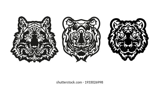 A set of lions faces consisting of patterns. Tiger head print. For T-shirts, phone cases and cups. Isolated. Vector illustration.