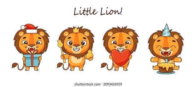 A set lions and festive mood  Baby king  lion at birthday party  New year lion   lion holding heart  Characters in children's cartoon style  Vector illustrations for designs  prints and