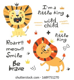 Set of lions and lettering phrases. Cliparts and design elements