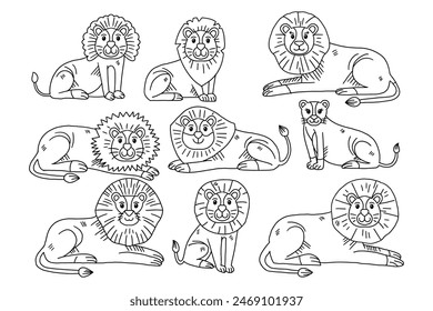 A set of lions are shown in various poses, with some sitting and others standing. Scene is playful and lighthearted, as the lions are depicted as smiling and happy