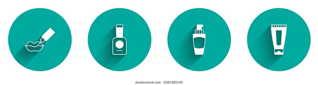 Set Lip augmentation, Bottle of nail polish, Tube hand cream and Cream or lotion cosmetic tube icon with long shadow. Vector