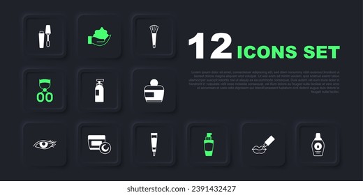 Set Lip augmentation, Bottle of shampoo, Tube hand cream, Eyelash curler, Cream or lotion cosmetic tube, Shaving foam and  icon. Vector