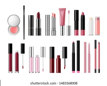 Set of lip cosmetic products. Lip gloss, lipstick, balm, cream, pencil packaging templates collection with applicators. Makeup artist tools. Liquid, matt, glossy lipsticks opened and closed isolated.