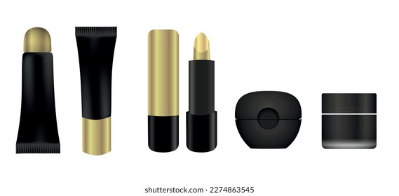 Set of lip cosmetic products. Lip gloss, lipstick, balm, cream, pencil packaging templates collection with applicators. Makeup artist tools. Liquid, matt, glossy lipsticks opened and closed isolated.