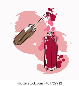 Set of lip gloss bottle and brush on white background with pink backdrops. Hand drawn vector illustration.