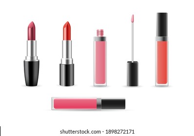 Conjunto de plantillas de brillo de labios y lápiz labial abiertas y cerradas aisladas en fondo blanco. Burla realista por los cosméticos femeninos decorativos. 3.ª ilustración vectorial