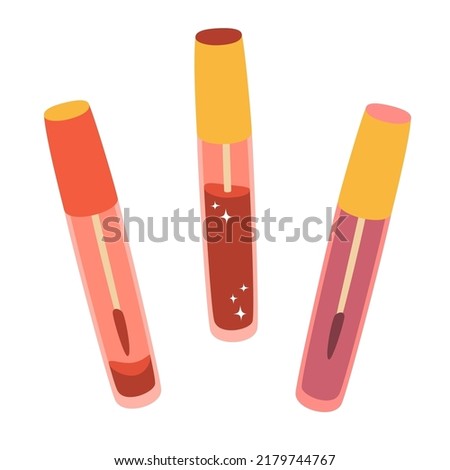 Set of Lip Gloss, Liquid Lipstick or Concealer with Brush. Icon of Makeup. Simple Illustration of Decorative Cosmetics, Isolated on White, Vector Flat Cartoon Illustration, Clipart. 