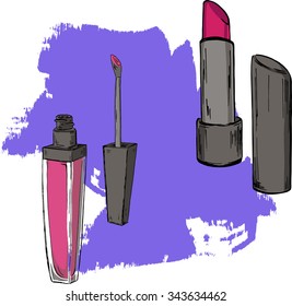 Set of lip gloss and lip stick on white background with lilac brushstrokes. Cartoon sketch drawn by ink. Hand drawn vector illustration.
