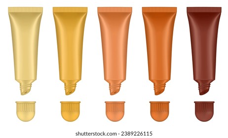 Juego de tubos de brillo de labios. Lip, crema ocular, suero. Modelación de los envases de productos cosméticos. Botellas abiertas amarillas, doradas, beige y marrón