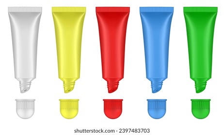 Juego de tubos de brillo de labios. Lip, crema ocular, suero. Modelación de los envases de productos cosméticos. Botellas blancas, amarillas, rojas, azules y verdes	