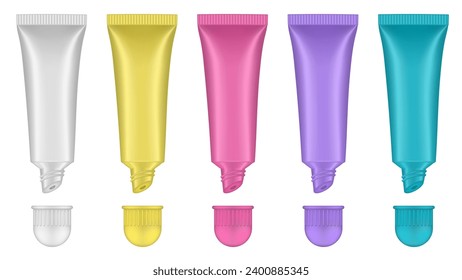 Set of lip gloss tubed. Lip, eye cream, serum. Cosmetic product container mockup. White, yellow, pink, blue and purple bottles	