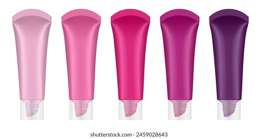 Juego de tubo de brillo labial. Labio, crema para los ojos, suero. Modelo de envase de producto cosmético. Botellas de color rosa, magenta, cereza y morado con tapón transparente