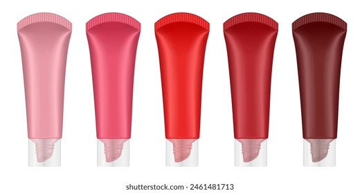 Juego de tubo de brillo labial. Labio, crema para los ojos, suero. Modelo de envase de producto cosmético. Frascos de color rosa, rojo, marsala y marrón con tapón transparente