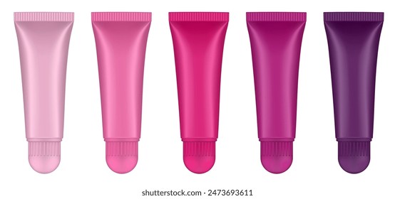 Satz Lipgloss-Schläuche. Lippe, Augencreme, Serum. Behälter-Attrappe für kosmetische Produkte. Rosa, magentafarbene, kirschrote und violette Flaschen mit rundem Verschluss