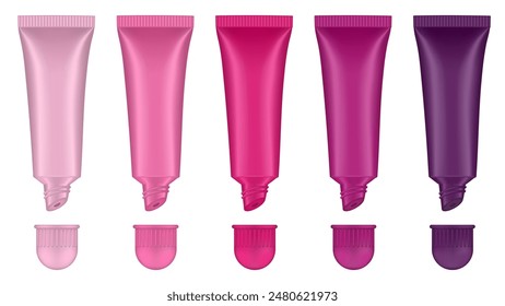 Set of lip gloss tubed. Lip, eye cream, serum. Cosmetic product container mockup. Pink, magenta, cherry and purple bottles with round cap	
