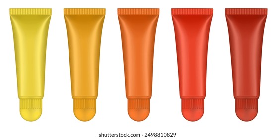 Set of lip gloss tubed. Lip, eye cream, serum. Cosmetic product container mockup. Yellow, orange, gold and red bottles with round cap