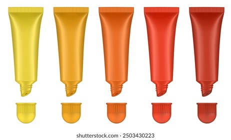 Set of lip gloss tubed. Lip, eye cream, serum. Cosmetic product container mockup. Yellow, orange, gold and red bottles with round cap	