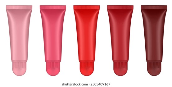 Conjunto de tubo de brillo labial. Labio, crema para los ojos, suero. Maqueta del envase del producto cosmético. Botellas de color rosa, rojo, marsala y marrón con tapa redonda