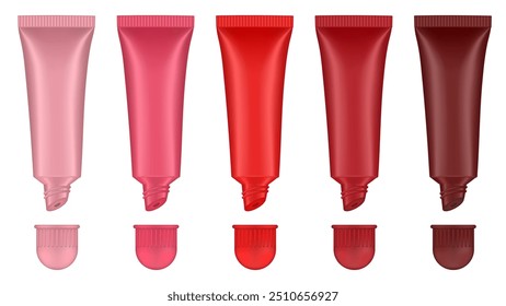 Conjunto de tubos de brilho labial. Lábio, creme para os olhos, soro. Modelo do recipiente do produto cosmético. Frascos cor-de-rosa, vermelhos, marsala e castanhos com tampa redonda