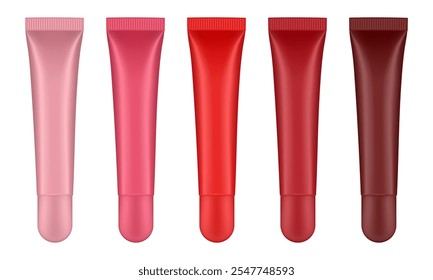 Set of lip gloss tubed. Lip, eye cream, serum. Cosmetic product container mockup. Pink, red, marsala and brown bottles with round cap	