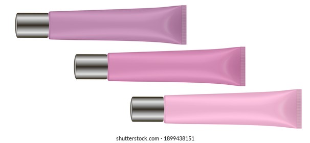 Set of lip gloss tubes. Shades of pink, violet and rose red. Metallic cap. Realistic vector illustration. 3d mockup. Liquid lipstic or lip balm. Matt plastic