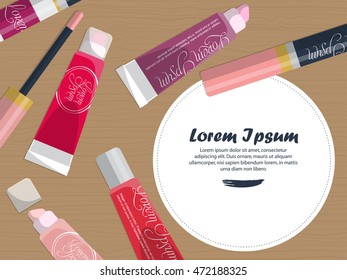 Set of lip glosses on the table with place for your text. Vector illustration