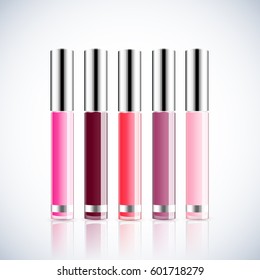 Set of Lip Glosses Package Design Premium Cosmetic Ads mock up template. 3D Realistic Vector Illustration.