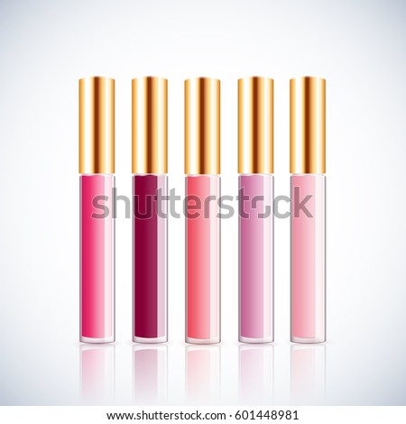Set of Lip Glosses Package Design Premium Cosmetic Ads mock up template. 3D Realistic Vector Illustration.
