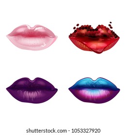 Set of lip make-up styles. Four different colors of makeup: sequins, gradient, feathering