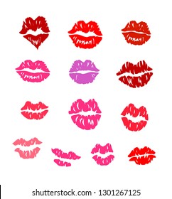 Set of lip prints of a different form and color for creation of your own unique Valentine s Day card, vector illustration.