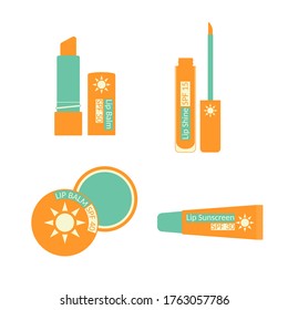 Set of lip treatment with sun protection. Sunscreen for lips. Balm, lipstick, shine, butterstick. Packaging, bottle, tube. Vector illustration isolated on white background in flat style