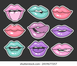 Set of lips in 90s pop art style. Vintage illustration of female mouths in different emotions for stickers, logos, prints. Vector