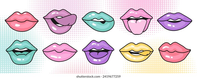 Set of lips in 90s pop art style. Vintage illustration of female mouths in different emotions for stickers, logos, prints. Vector