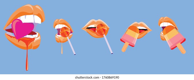set of lips eating candy, ice cream and a heart on light blue background