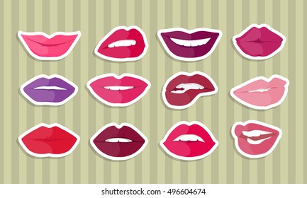 Set of lips with expression of emotions. Comic funny emoticons expressing anger, happiness, sadness, joy, surprise, wonder, amazement. Different mood states collection isolated on white. Vector