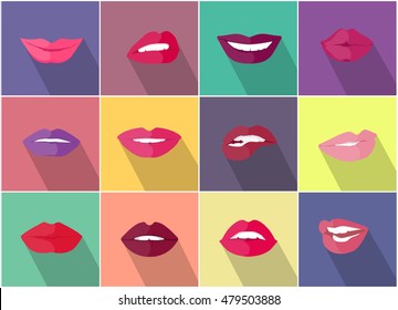 Set of lips with expression of emotions. Funny emoticons expressing anger, happiness, sadness, joy, surprise, wonder, amazement. Different mood states collection isolated on white. Vector