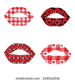 Set lips heart gingham, vichy backgrounds in red, black, white, or other Valentines day holiday textile design.