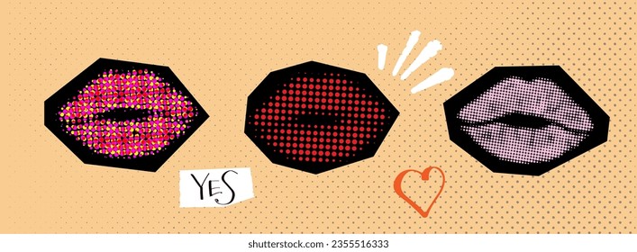 Set lips kiss as retro halftone