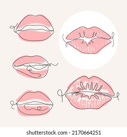 Set of Lips in Line art style. Isolated elements. Vector illustration.	
