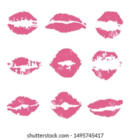 Set of Lips marks isolated on white. Grunge effect. Vector illustration.