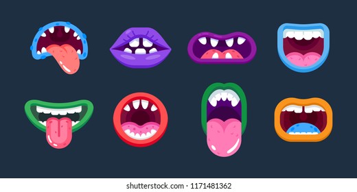 Set of lips of monsters , in cartoon style, in different positions, terrible emotions, facial expressions. Comic fantasy funny lips, mouth with smile, tongue, teeth. Vector illustration.