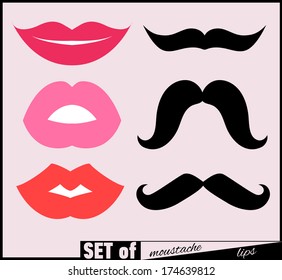 Set of lips and mustaches. Vector illustration.