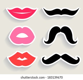 Set of lips and mustaches. Vector illustration.