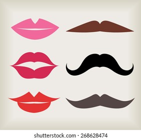 Set of lips and mustaches. Vector illustration.