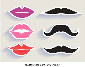 Set of lips and mustaches. Vector illustration.