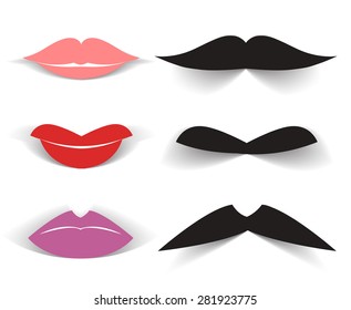 Set of lips and mustaches. Vector illustration.